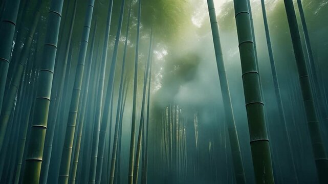Dense vertical bamboo grove shrouded in mist with light filtering from above