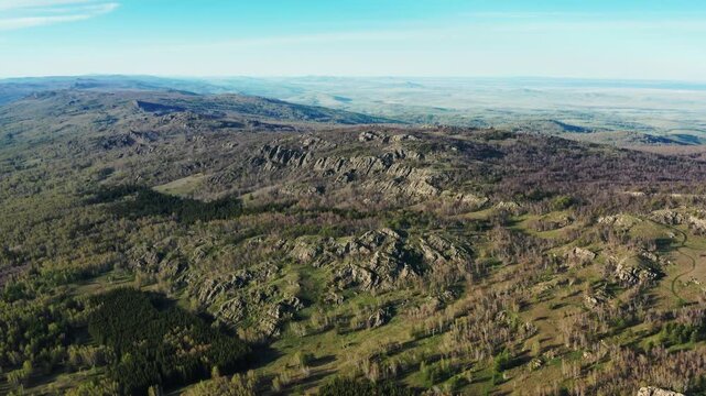 Urals in spring: Irendyk ridge, Mount Karatashmas. Aerial view.