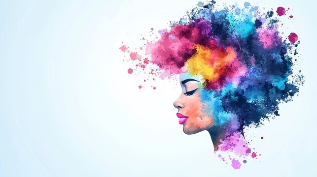 Abstract Watercolor Portrait of a Woman with Colorful Brain Representation