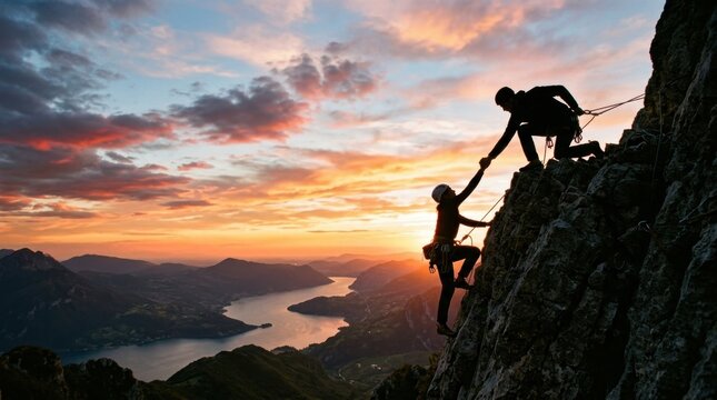 Two Climbers Helping Each Other Reach Mountain Summit During Beautiful Sunset Over Scenic Lake