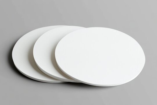 Three overlapping white circular paper discs with textured surface on gray background, minimalist clean composition conveying calm simplicity