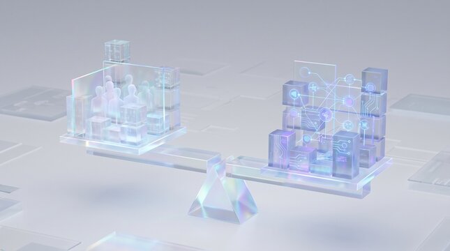 Abstract digital scales balancing abstract figures and cubes with abstract technology comparison measurement geometric decision analysis representation information structure evaluation