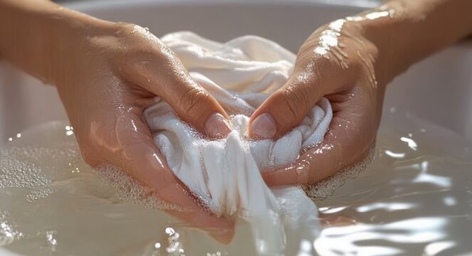 close-up of hands gently wringing a wet white cloth in soapy water conveying calm cleansing and care