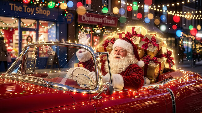 A Santa Claus wearing a luxurious red velvet suit and a red-and-white hat, driving a glossy vintage red convertible car.