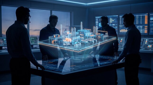 Team of engineers viewing holographic city model in control room with smart city engineers holographic technology innovation planning architecture building blueprint collaboration futuristic