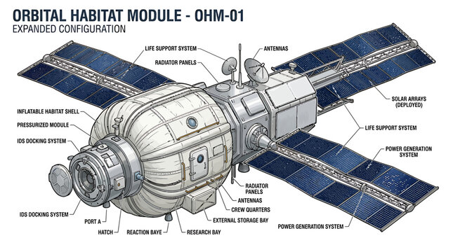 Orbital habitat module with inflatable shell and solar arrays