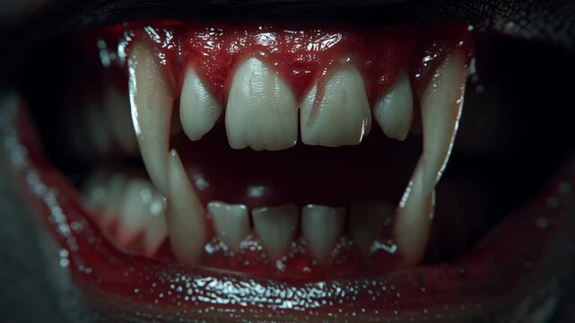 Vampire mouth showing fangs and blood with an eerie expression  