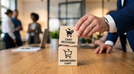 Fototapeta premium Businessman placing cart recovery block on top of abandoned cart block on wooden desk in office