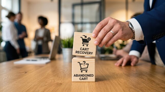 Businessman placing cart recovery block on top of abandoned cart block on wooden desk in office
