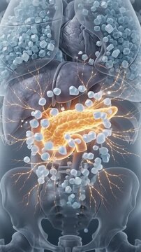 3d pancreas glowing inside body highlights insulin resistance with neural interface showing complex molecular activity and medical biological interaction in torso