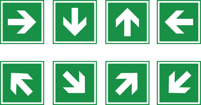 Green emergency exit direction sign set, safety assembly point symbol, escape help evacuation, straight pointer arrow.