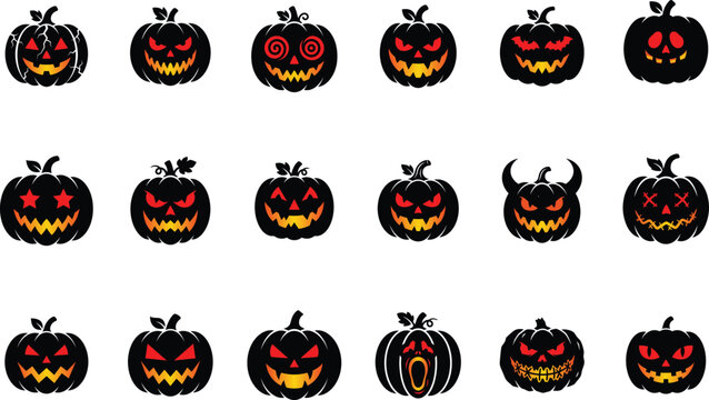 Collection of 15 unique halloween pumpkin silhouette faces with glowing eyes and mouths in orange and red on black