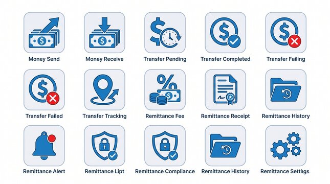 Modern financial icons illustrating money transfer, remittance services, compliance, alerts, receipts, and transaction tracking in a digital banking interface.