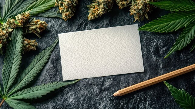 blank textured card with wooden pencil surrounded by cannabis buds and leaves on dark slate, calm earthy mood