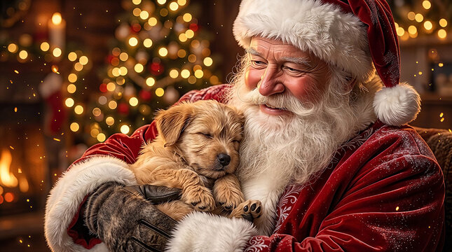 Santa Claus gently cradling a sleeping light-brown puppy in his arms.