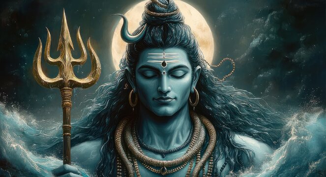 Blue-skinned deity portrait with matted hair, coiled serpents and layered necklaces holding a golden trident before a full moon and stormy sea; face obscured by a square panel, serene and powerful
