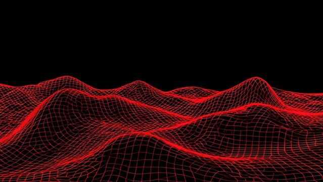 Red wireframe wave pattern on black background