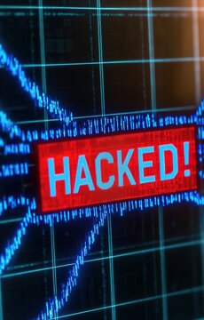 Digital Hacked Warning Message Displayed on a Glowing Blue Data Grid Background