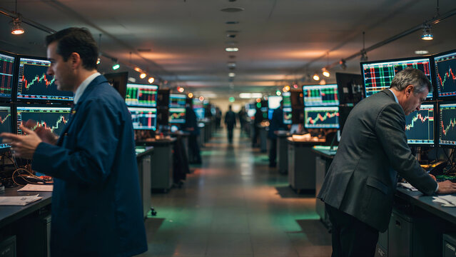 Dynamic trading floor aisle with traders in motion