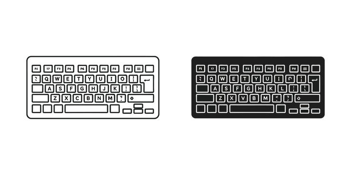 Computer keyboard set featuring outline and solid black styles for office and software interface typing
