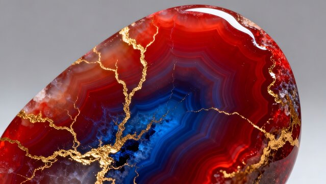 Red and blue agate stone with golden veins