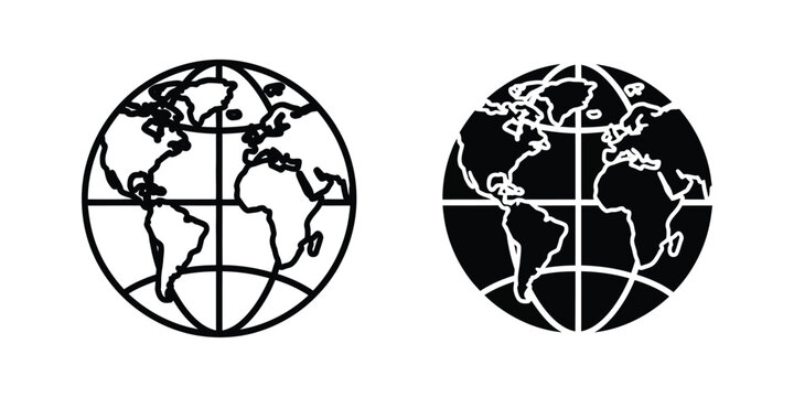 Minimalist earth globe set featuring outline and solid black sphere for global communication concepts