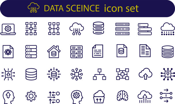 Data Science Icons Set with Editable Stroke, Machine Learning, Analytics, Statistics, Big Data, Thin Line Vector Collection