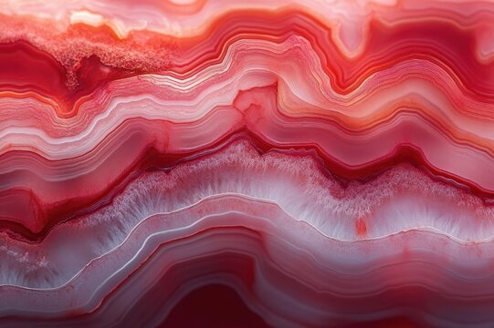 Mesmerizing close-up of red and pink agate cross-section with layered bands and crystalline textures evoking calm wonder