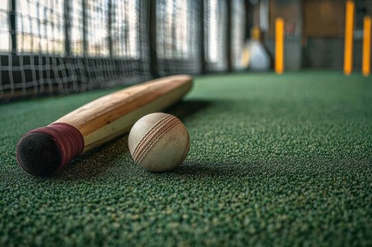 close-up of a cricket bat and ball on green artificial turf inside indoor practice nets with stumps in the background conveying anticipation and focused training