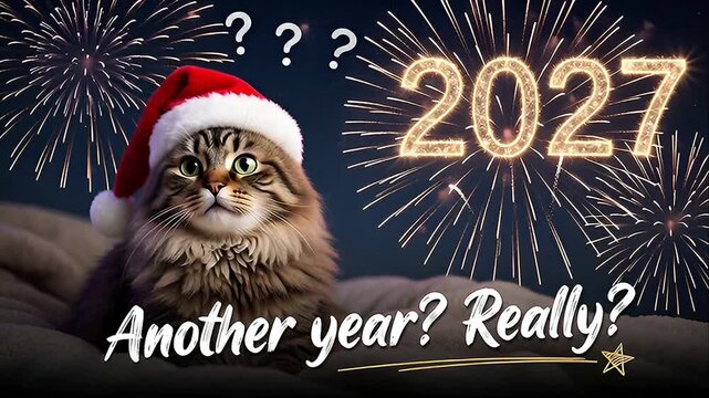Funny Cat in Santa Hat with 2027 Fireworks New Year Greeting