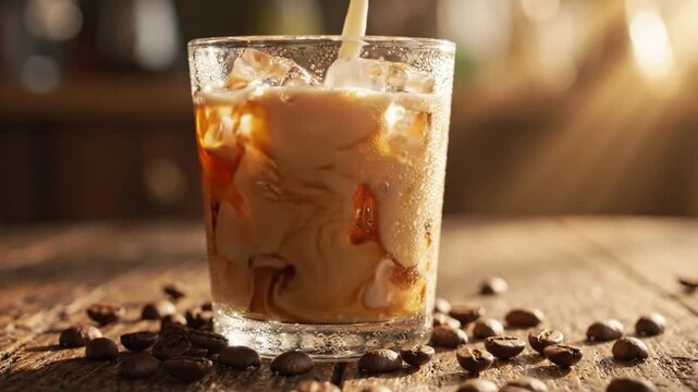 Creamy milk pouring into a chilled glass of iced coffee with scattered roasted beans on a rustic wooden table capturing the smooth swirling motion in this high quality video animation