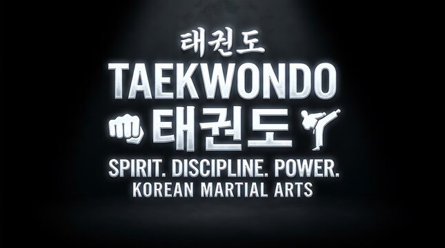 Glowing typography advertising Korean martial arts taekwondo with spirit and discipline