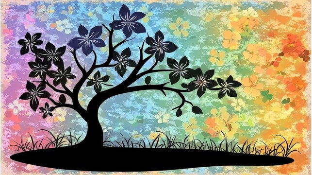 Colorful Silhouette of a Tree Against an Aurora-Like Background of Healing Colors