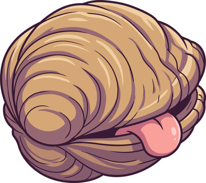 Pixel art illustration of a cartoon clam with its pink tongue sticking out. This quirky marine life character is perfect for games or food-related designs.