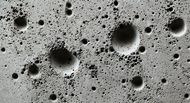 Close-up of a gray porous surface with round pitted depressions and shadowed cavities, evoking an eerie otherworldly textured landscape