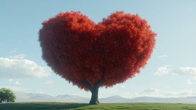 Heart-shaped tree in open meadow representing love and emotion under clear sky