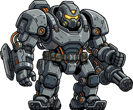 A detailed pixel art illustration of a heavy armored robot warrior, equipped with a minigun and glowing orange eyes, representing sci-fi warfare.