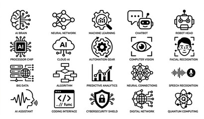 Fototapeta premium Black and white AI technology icon set with artificial intelligence machine learning and automation symbols vector illustration isolated on white background