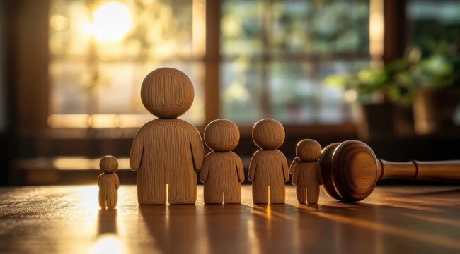 Wooden family figures of varying sizes and a fallen gavel on a sunlit wooden table with warm backlight through a window, evoking a solemn reflective mood