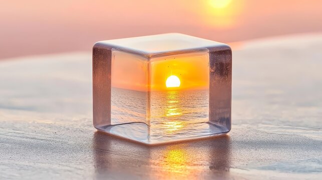 Transparent Cube Holding a Miniature Sunrise in a Serene Coastal Landscape