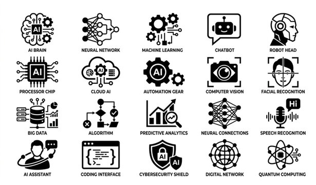 Black and white AI technology icon set with artificial intelligence machine learning and automation symbols vector illustration isolated on white background