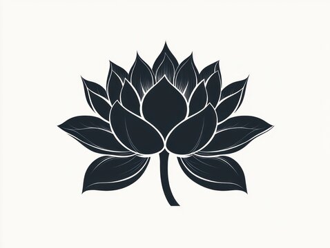 dark lotus flower silhouette with layered petals and stem on a light background conveying calm and serenity