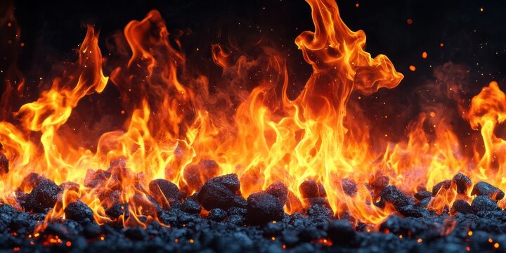 Roaring orange and yellow flames rising from glowing black coals with flying sparks and embers, intense dramatic heat and danger