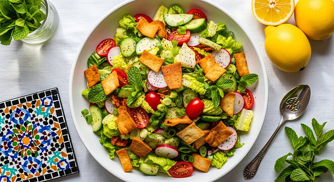 Fattoush Salad Bowl Toasted Pita Sumac Radish Cucumber Mint