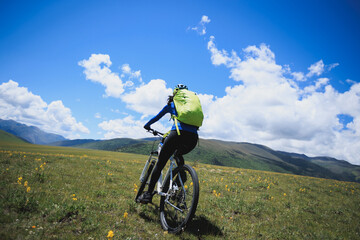 Fototapeta premium Mountain biking on flowering grassland mountains