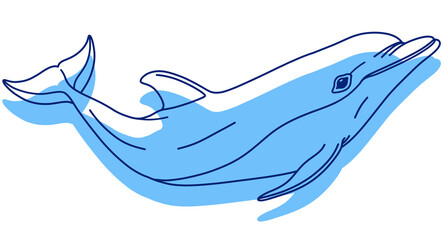 A dolphin swimming upwards freely and nimbly  a sketch-style line illustration with a blue silhouette © SasubuArt