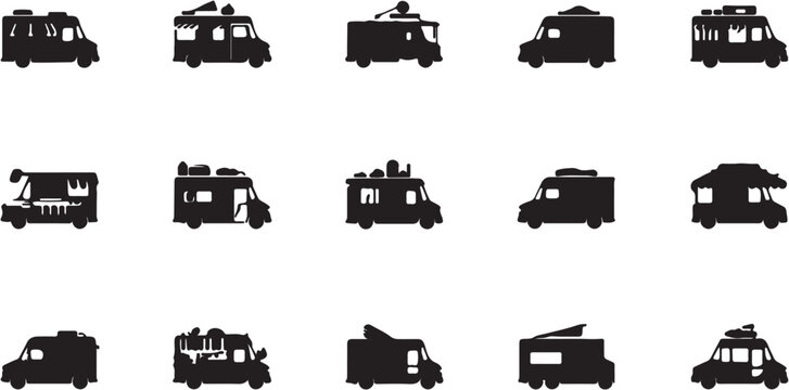 Collection of various black silhouette trucks and vehicles.