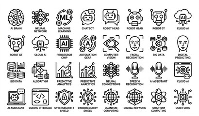 Obraz premium Black and white AI technology icon set with artificial intelligence machine learning and automation symbols vector illustration isolated on white background