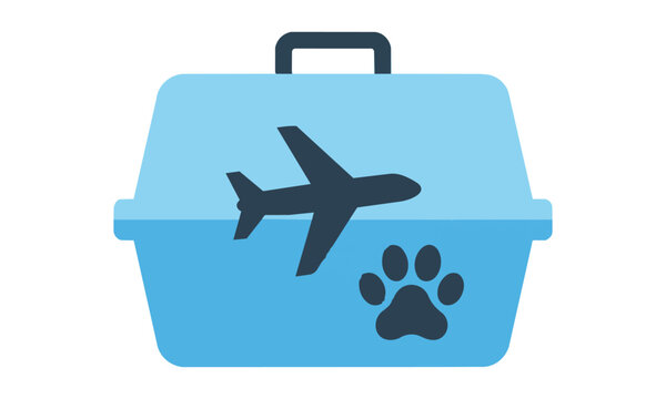 Pet carrier icon with airplane silhouette and paw print symbol for travel and transportation logistics concept