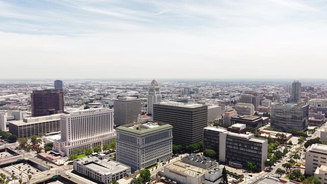 Drone Shot of Los Angeles City Hall, Courthouse Buildings and Traffic, California USA